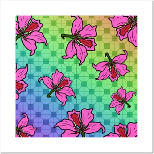 Bauhinia Flower with Rainbow Tile Floor Pattern - Summer Flower Pattern Posters and Art